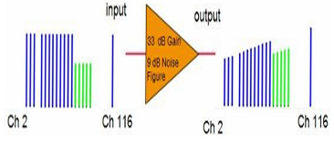 RF amplifier diagram illustrating noise figure, gain and signal distortion in a CATV distribution network
